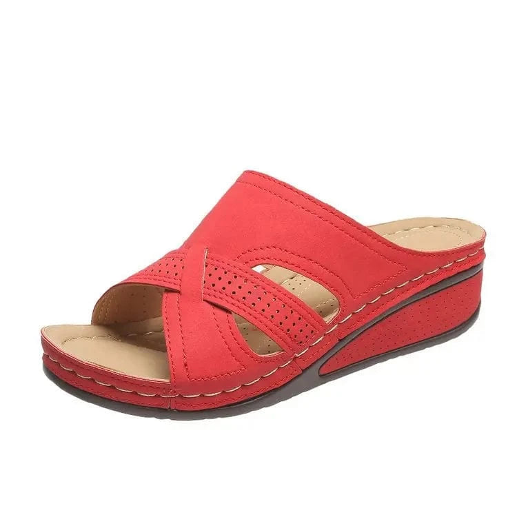 42,insole length 260MM / Red womens wedge heel sandals thick sole non-slip hollowed-out beach Roman shoes with straps size 35-43