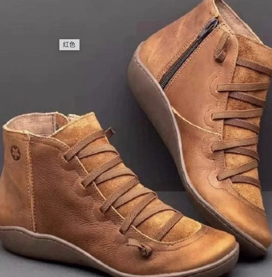42 / LIGHT BROWN Liu Ming Dropshipping Wholesale 2024 Autumn Winter Women Retro Fashion Pu Leather Flat Ankle Shoes