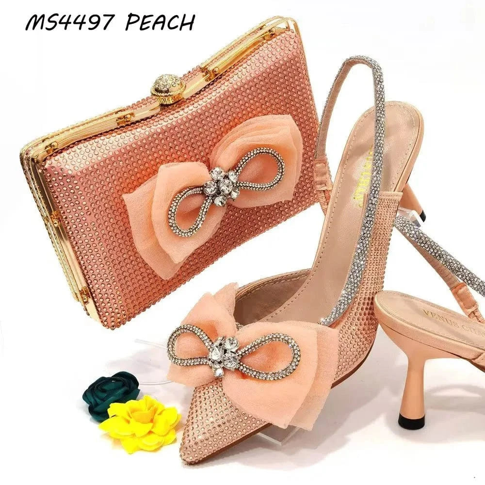 42 / peach Fashion African bow Women Shoes With Italian Matching Bags Wholesale Custom High Heels Pumps Shoes and Bag Set