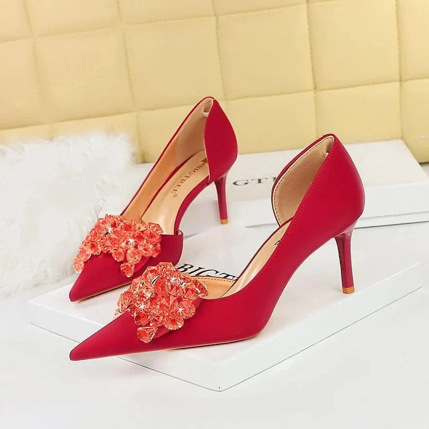 42 / Red 34-43 Banquet slim heels high heels Shallow cut pointed pump side hollowed out rhinestone bow high heel pumps summer