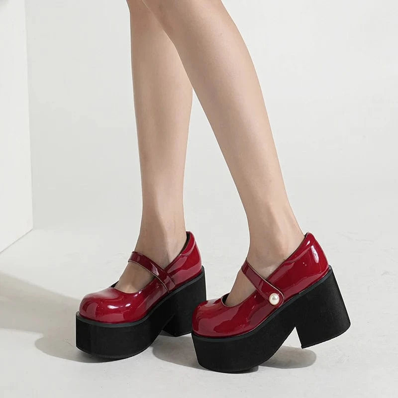 42 / Red Punk Platform Patent Leather Women Pumps Thick Bottom High Heels Red Mary Jane Shoes Japanese Style Lolita Shoes Big Size 42