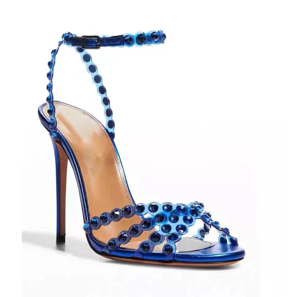 42 / Royal Blue Chaussures Femme Luxury Solid Color Rhinestone Decor Mujer Zapatos Ankle Strap Hollow Out High Heel Sandals Ladies Dress Sandals