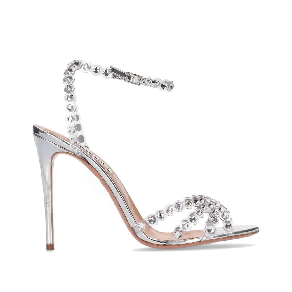 42 / silver Chaussures Femme Luxury Solid Color Rhinestone Decor Mujer Zapatos Ankle Strap Hollow Out High Heel Sandals Ladies Dress Sandals