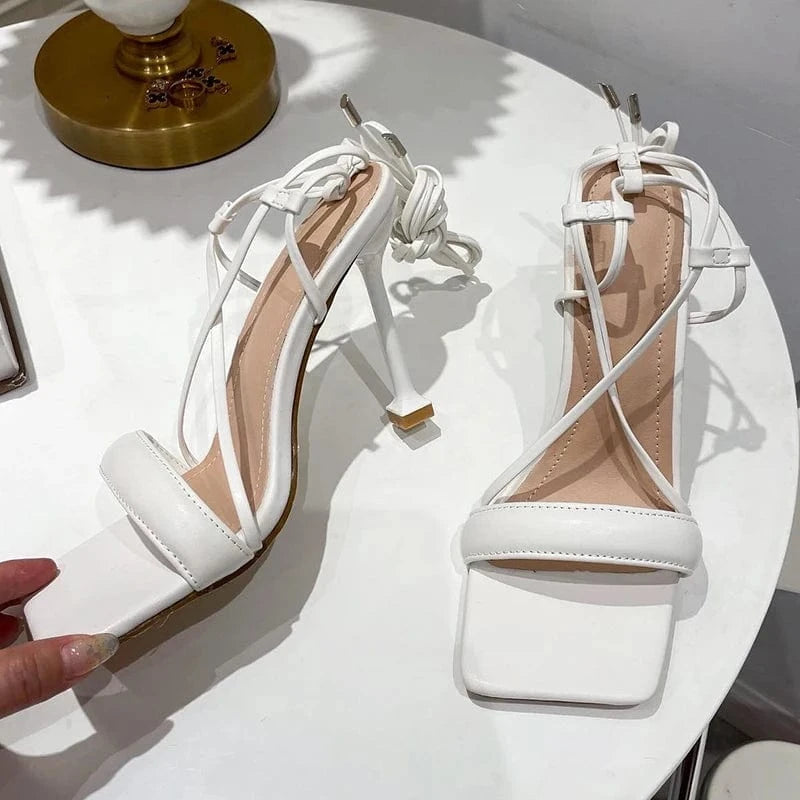 42 / White Elegant Nightclub Lace-Up Shallow Outdoor Summer 2023 Fashion Cross-Tied Thin Heel Sandals High Sandalias Women's Heel Shoes