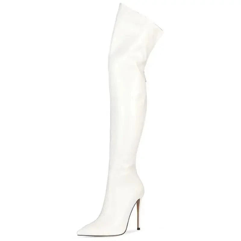 42 / White Knee-high boots black sexy glossy finish back zipper ultra-fine high heels European and American plus size elastic boots 2024
