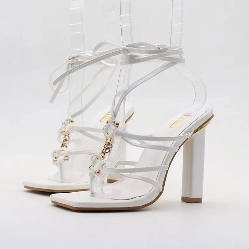42 / White Women Shoes 2023 Sexy Metal Chain Decor Clip-toe Roman Shoes Cross Strap Lace Up High Heel Sandals Ladies Party Nightclub Sandal