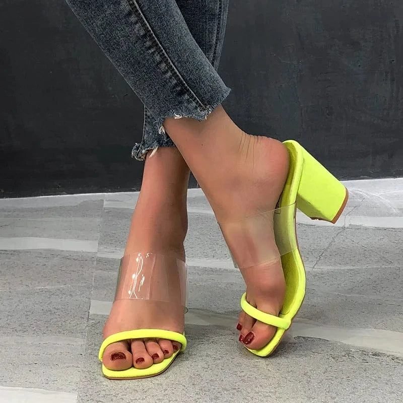 42 / Yellow Women Transparent Heel Glass High Heel Shoes Large Size Block High Heel Sandals