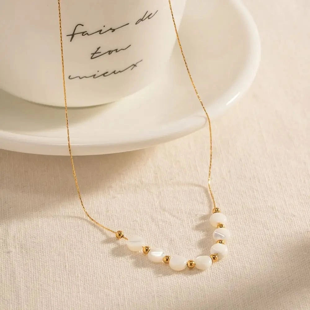 42cm / N2276 N2276 Waterproof 18K Gold Plated Stainless Steel Bracelet Jewelry Set Natural Shell Beads Cuban Chain Necklace Set