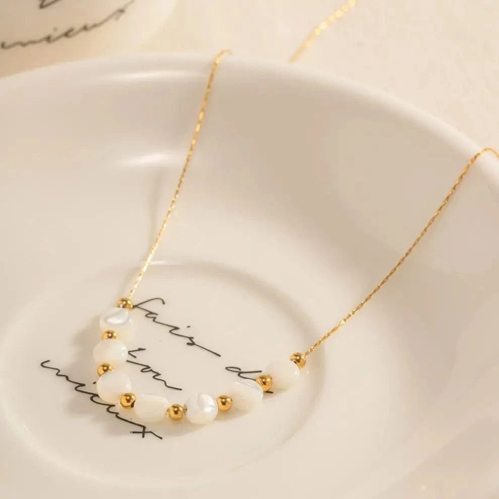42cm / N2276 N2276 Waterproof 18K Gold Plated Stainless Steel Bracelet Jewelry Set Natural Shell Beads Cuban Chain Necklace Set