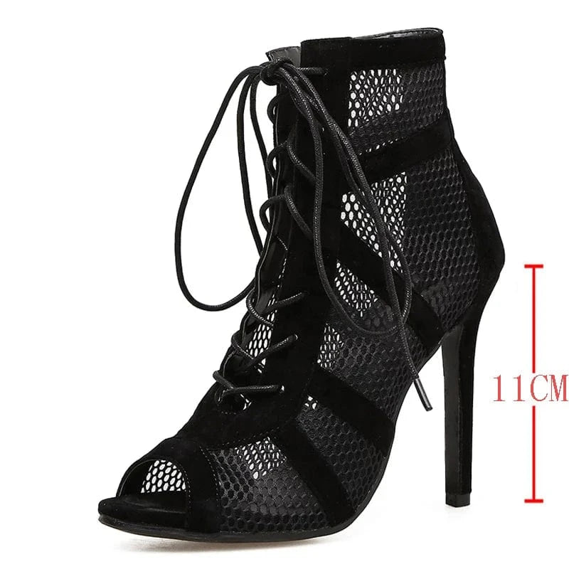 43 / 11CM-Black 2024 Summer Lace Up Pumps Cross-Tied High Heels Sandal Ankle Fashion Mesh Patchwork Dance Shoes Black Sexy Boots Women Shoes