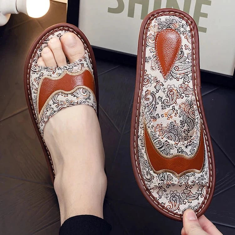 43/44,shoe long 29cm / 10 Summer anti-slippery indoor home embroidery genuine leather slippers for men sandals