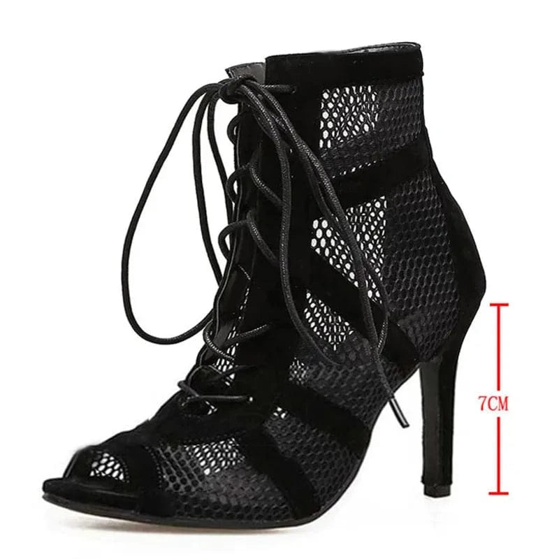 43 / 7CM-Black 2024 Summer Lace Up Pumps Cross-Tied High Heels Sandal Ankle Fashion Mesh Patchwork Dance Shoes Black Sexy Boots Women Shoes