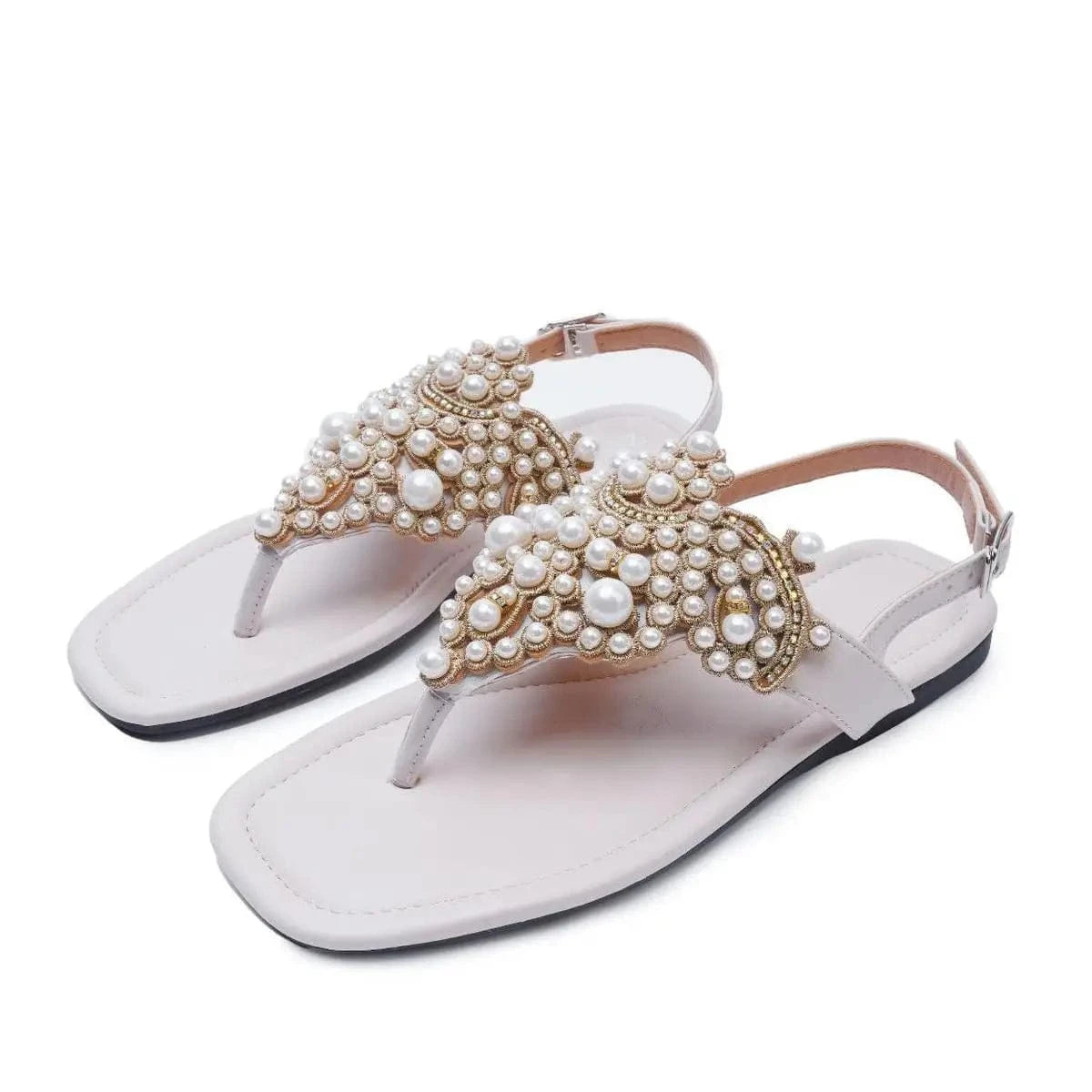 43 / Beige Dropshipping Custom Logo Pearl Wedding Shoes Women's Summer White Slide Sandals Flip-flops Soft Rhinestone Flat Beach Sandal
