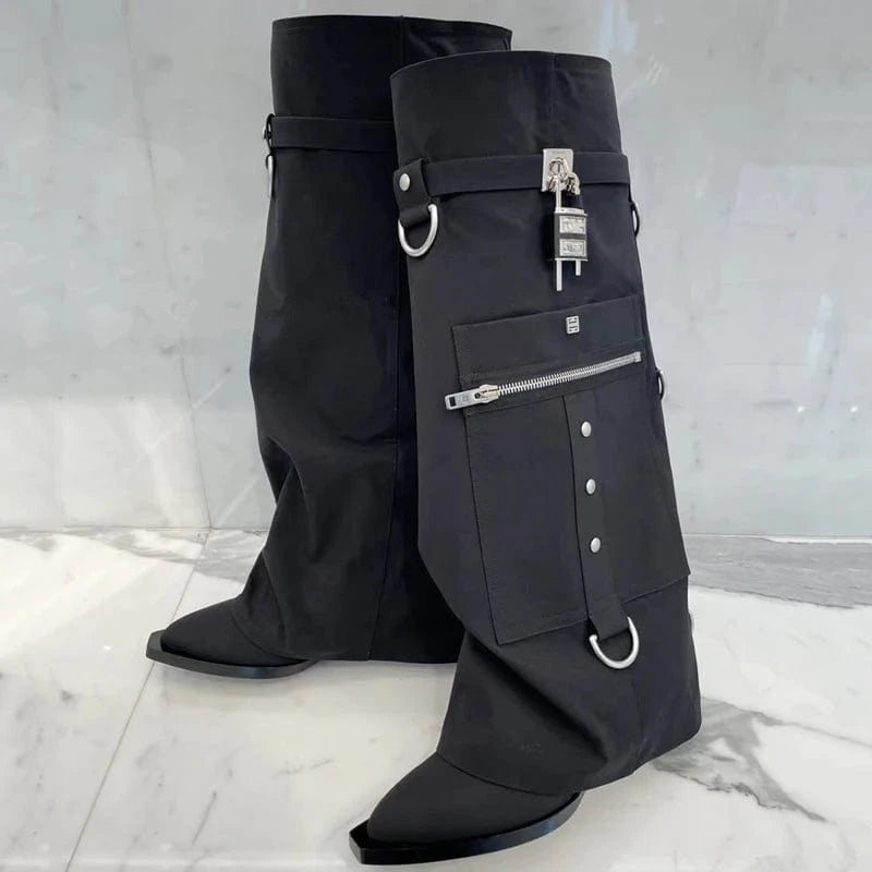 43 / Black Cloth Overlay Knee High Pockets Pants Boots Women Wedge Heels Shoes Folded Over Upper Pointed toe Metal Shark Lock Booties