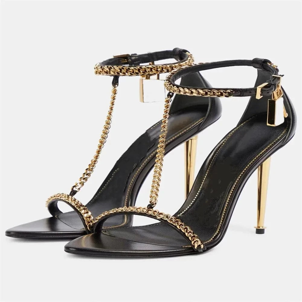 43 / Black Gold Chaussures Femme Hot Sale Chain Decor Open-toe Mujer Zapatos Hollow Out Ankle Strap High Heel Sandals Ladies Dating Club Sandals