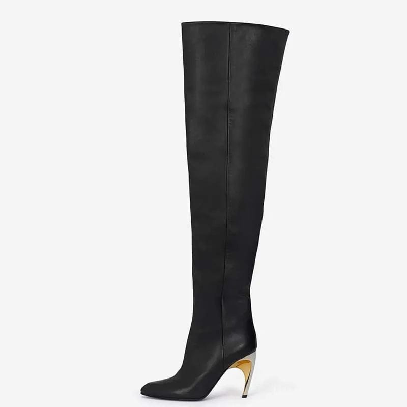 43 / Black New Hook Shaped Heels Women Thigh High Booties Side Zipper Solid Long Boots Sexy Dress Stiletto Ankle Shoes