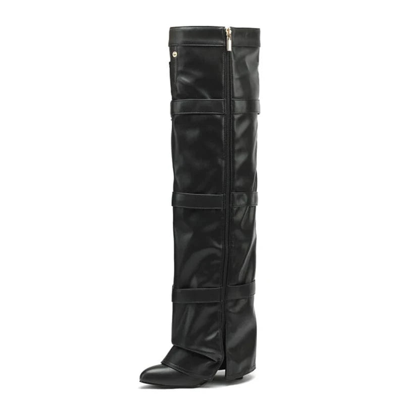 43 / Black Women Belt Buckles Overlay Custom Styles Over Knee High Boots Ladies High Chunky Heels Shoes Folded Soft Suede Long Booties