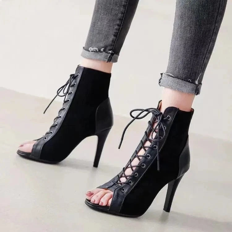 43 / Black Women's Summer Lace-up Hollow-out Ankle Boots Stiletto Heel Dancing Shoes Large Size Open Toe Sandals