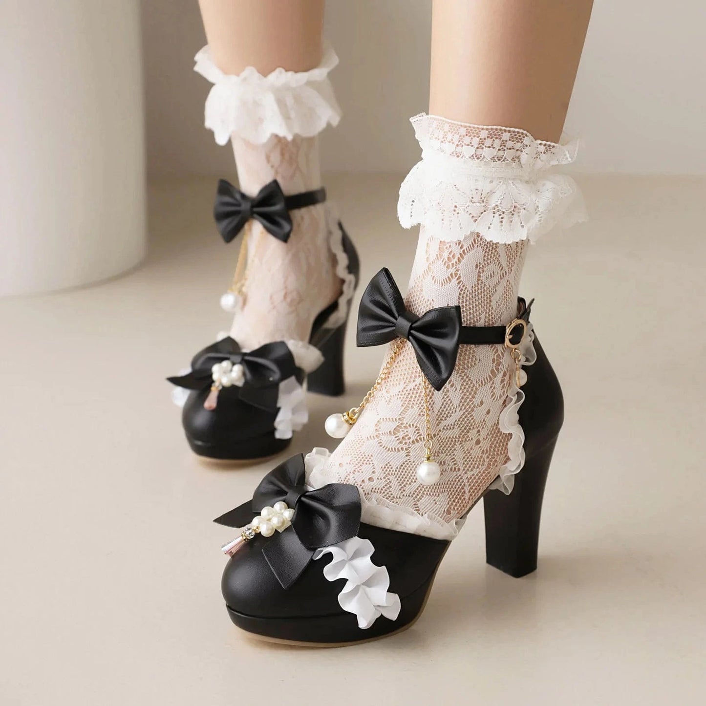 43 / Black Women Shoes 2023 Fashion Bowknot Pearls Lace Decor PU Shoes Ankle Strap Hollow Out High Heel Sandals Ladies Lolita Dress Sandals