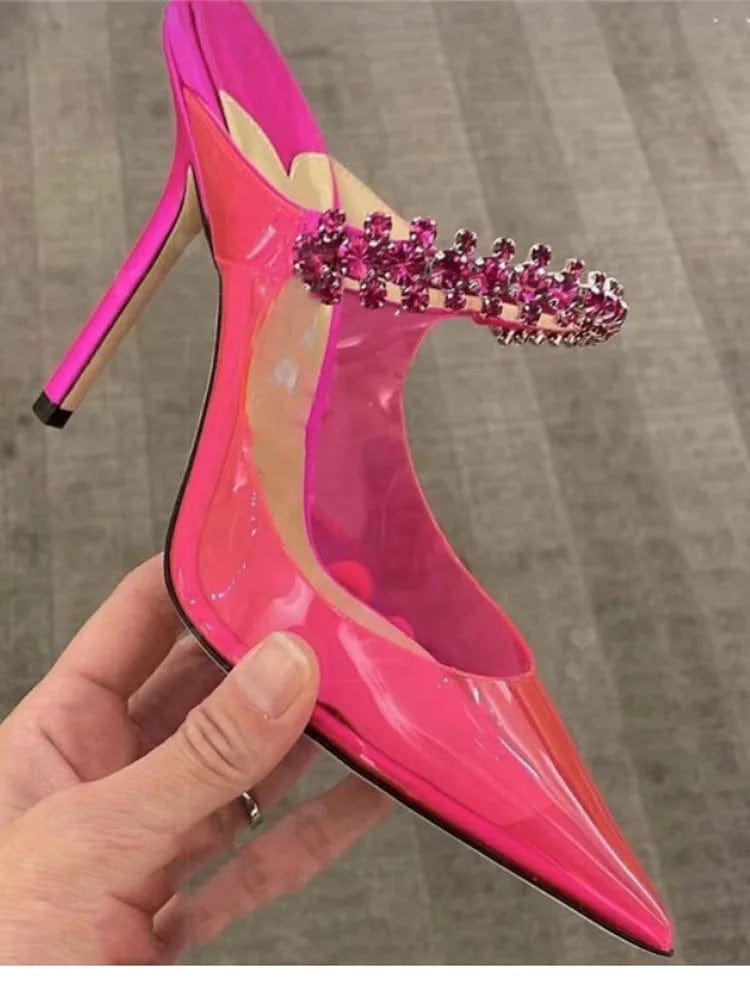43 / Pink OUDINA Fashion Stiletto Pointed Ladies Shoe Rhinestone Transparent Sandals High Heels Shoes For Women