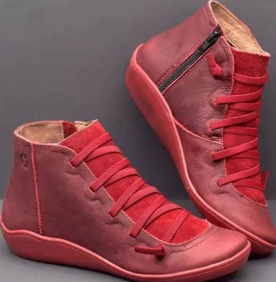43 / Red Liu Ming Dropshipping Wholesale 2024 Autumn Winter Women Retro Fashion Pu Leather Flat Ankle Shoes