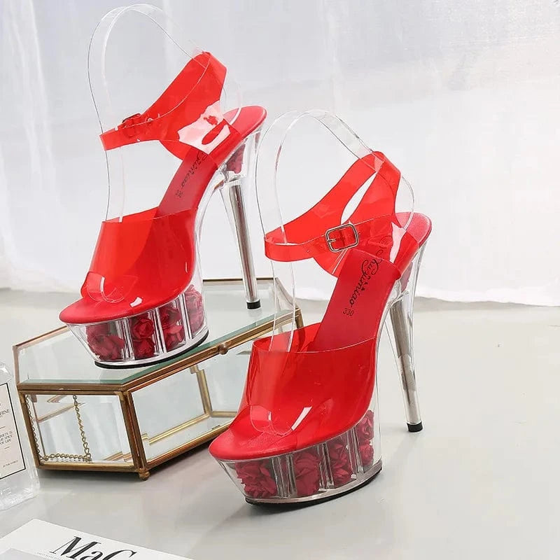 43 / Red sandals Stylish Women Heel Shoes 15 CM High Heels Flower Platform Slippers Thin Heel Sandals for Women and Ladies