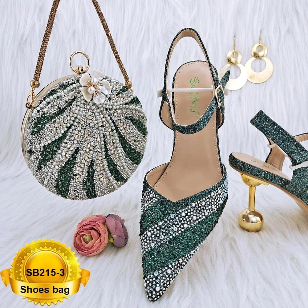 43 / SB215-3 SB215 Pu Italian Shoes Matching Bag Set Beautiful Stones Shoes Bag Evening Bags