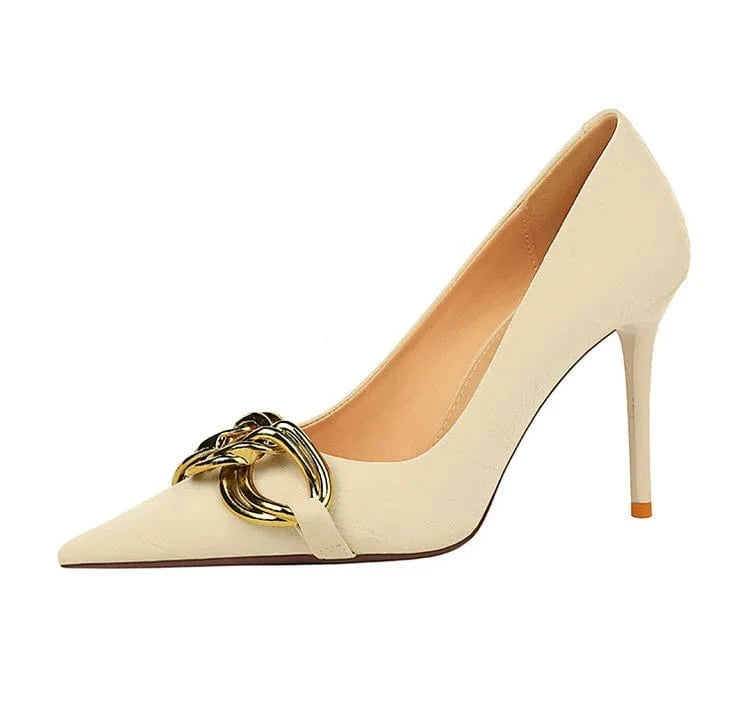 43 / White-9.5cm 7239-1 High Quality Trendy Sexy 9.5CM Super High Heels Shoes For Women Slip-On Golden Buckle Luxury Nude Heels For Ladies