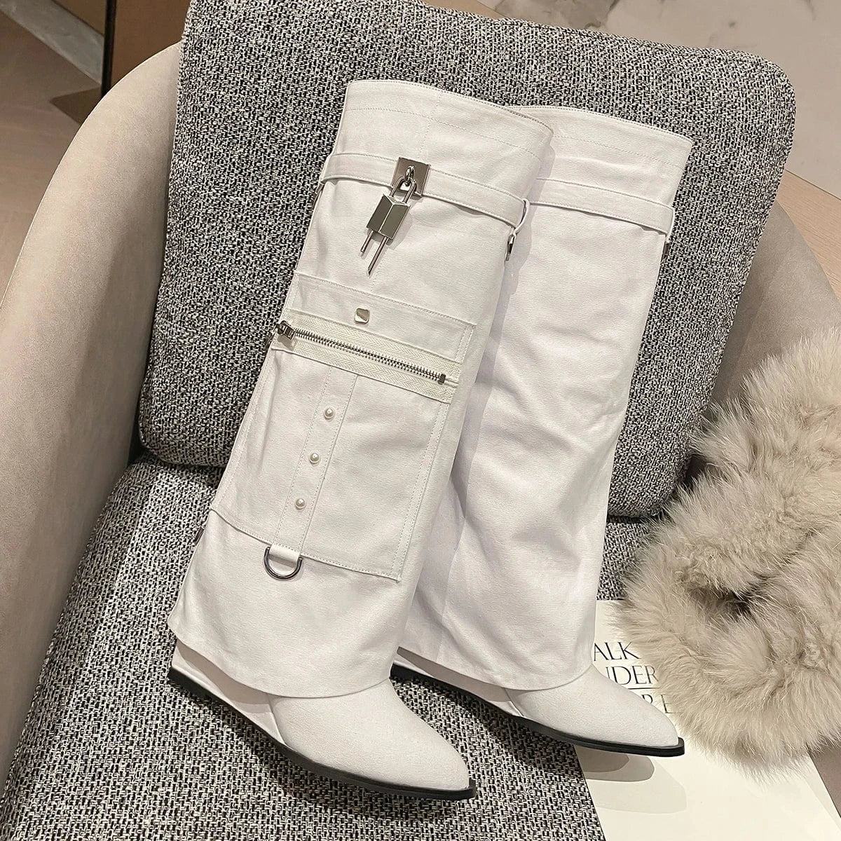 43 / White Denim Overlay Knee High Pockets Pants Boots Women Wedge Heels Shoes Folded Over Upper Pointed toe Metal Shark Lock Booties
