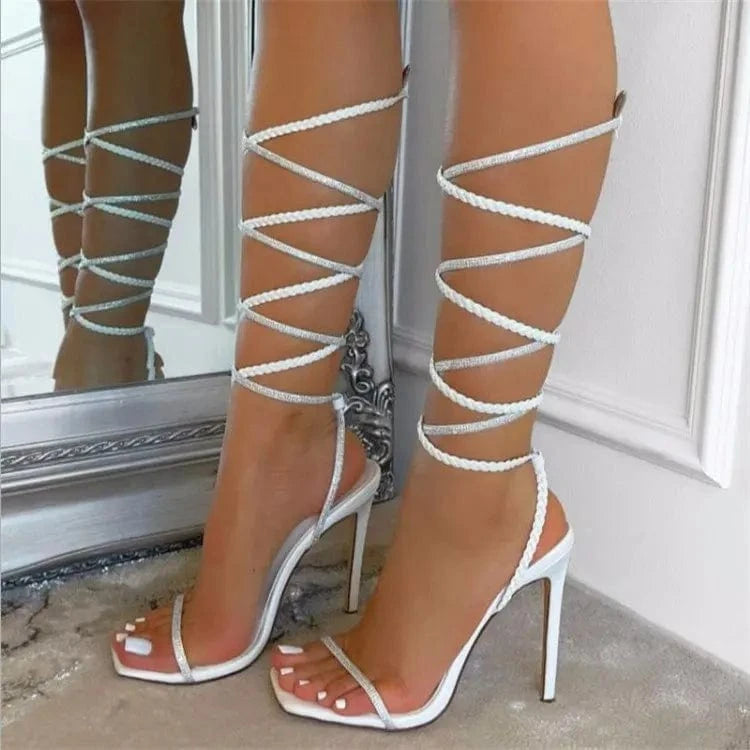 43 / White Rhinestone Woven Anklet Straps Stiletto Heel Sandales Large Size Sexy High Heeled Sandals For Women And Ladies