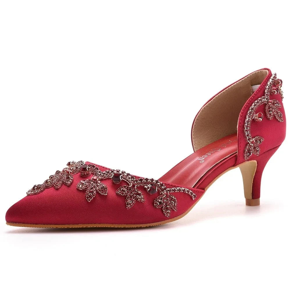 43 / Wine Red Women Shoes 2023 Summer New Fashion Pointed-toe Wrap-toe Shoe Rhinestone Decor Large Size Thin Heel Sandals Wedding Bridal Shoes