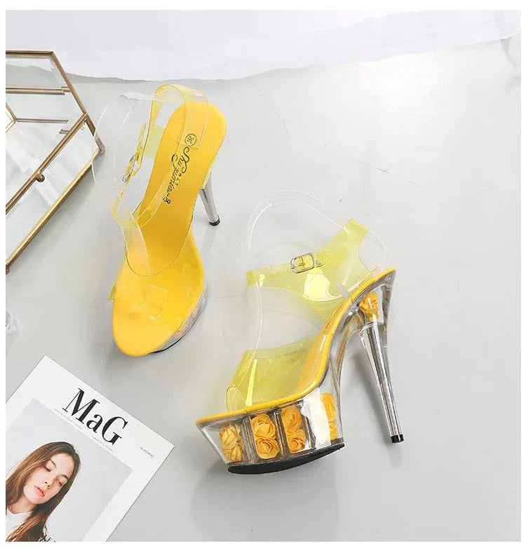 43 / Yellow sandals Stylish Women Heel Shoes 15 CM High Heels Flower Platform Slippers Thin Heel Sandals for Women and Ladies