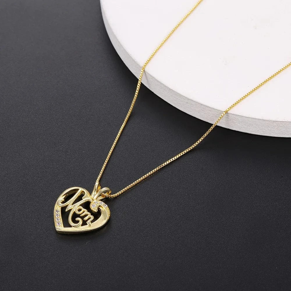 44+5.6cm / Gold High Quality Stainless Steel Women Alphabet MOM Heart-Shaped Lovers Pendant Necklace