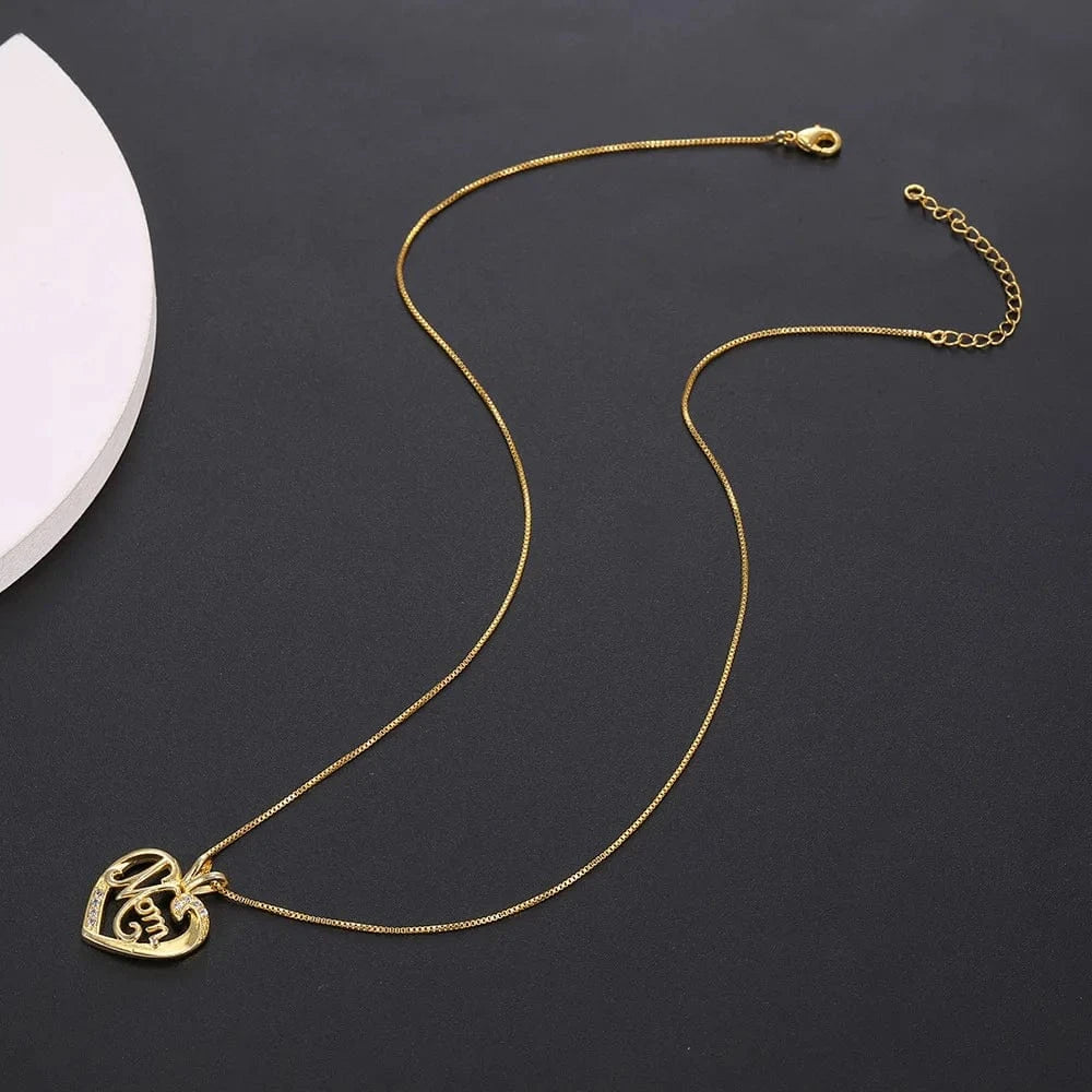 44+5.6cm / Gold High Quality Stainless Steel Women Alphabet MOM Heart-Shaped Lovers Pendant Necklace