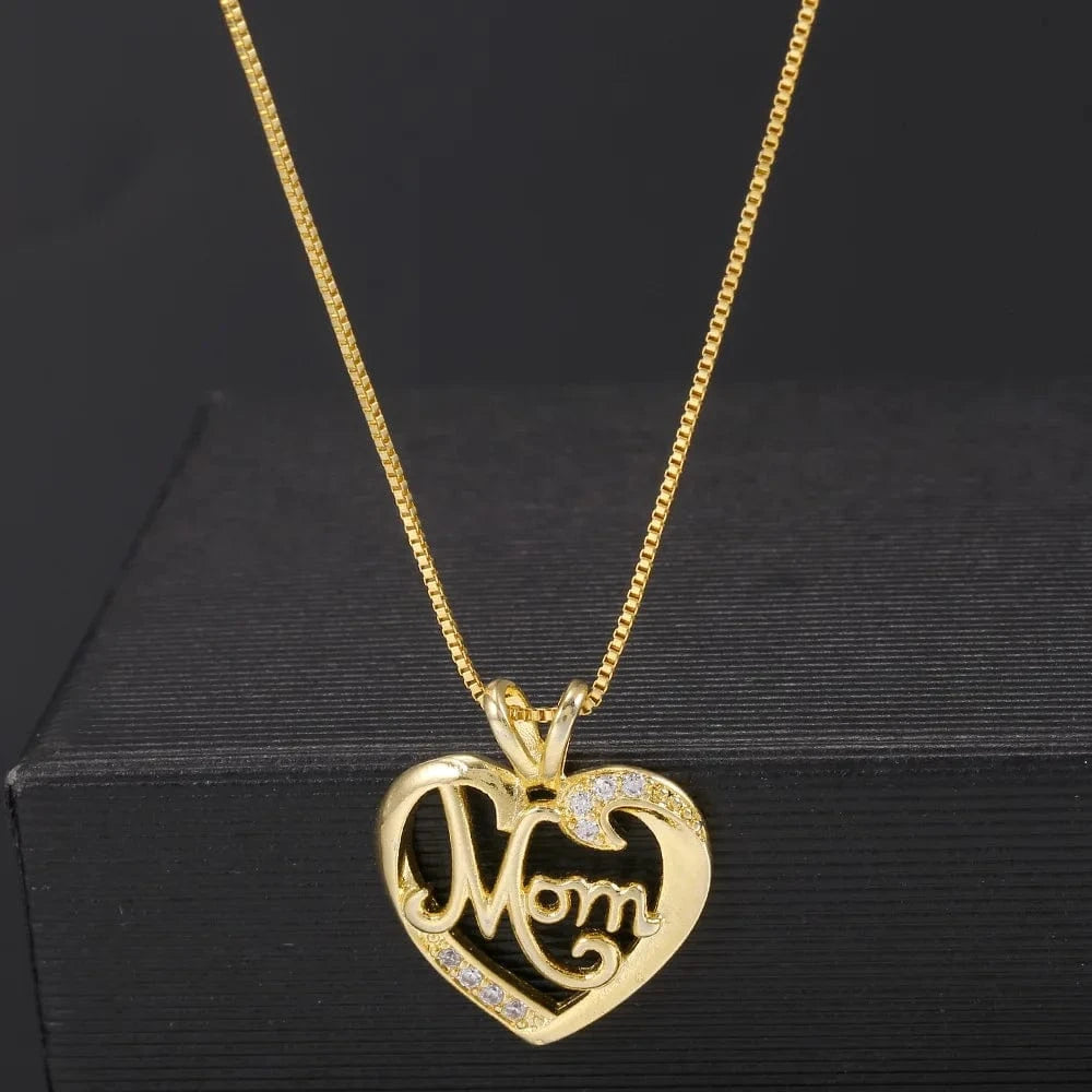 44+5.6cm / Gold High Quality Stainless Steel Women Alphabet MOM Heart-Shaped Lovers Pendant Necklace