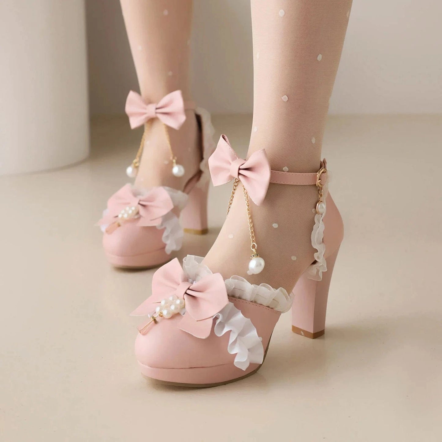 44 / Pink Women Shoes 2023 Fashion Bowknot Pearls Lace Decor PU Shoes Ankle Strap Hollow Out High Heel Sandals Ladies Lolita Dress Sandals