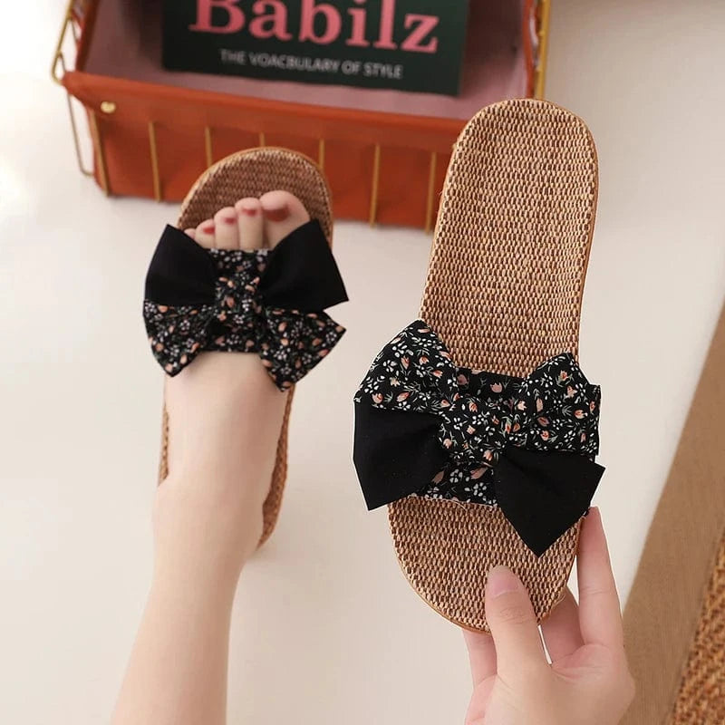 45 / 2 Summer Female Bohemia Bowknot Flax Linen Flip Flops Beach Shoes Sandals Slipper Women's Shoes
