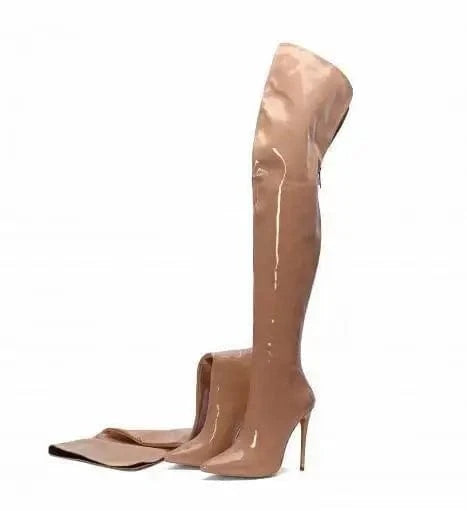 45 / Brown Knee-high boots black sexy glossy finish back zipper ultra-fine high heels European and American plus size elastic boots 2024