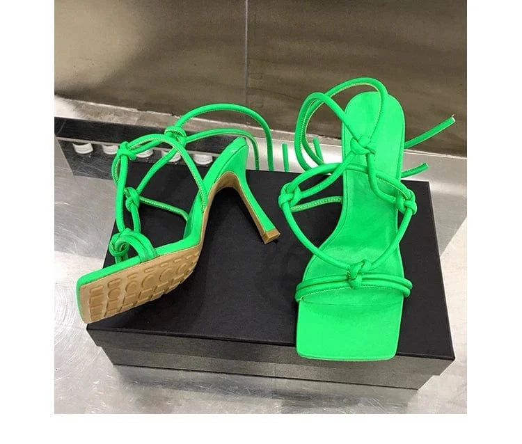 45 / Green factory price custom made low price colors square toe stiletto knitted special design women heel sandals for ladies