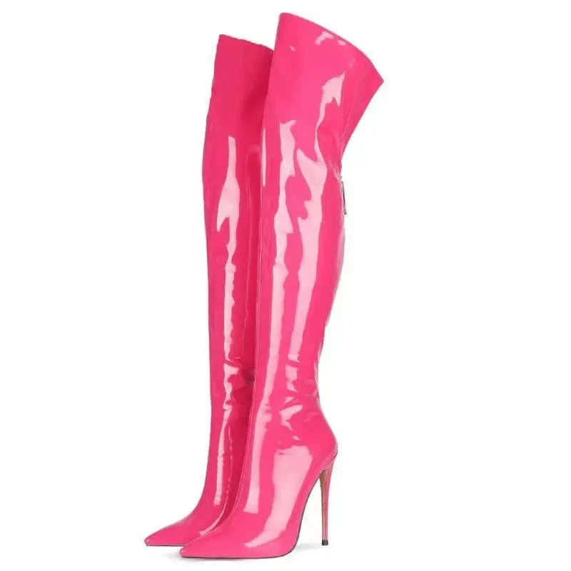 45 / ROSE Red Knee-high boots black sexy glossy finish back zipper ultra-fine high heels European and American plus size elastic boots 2024