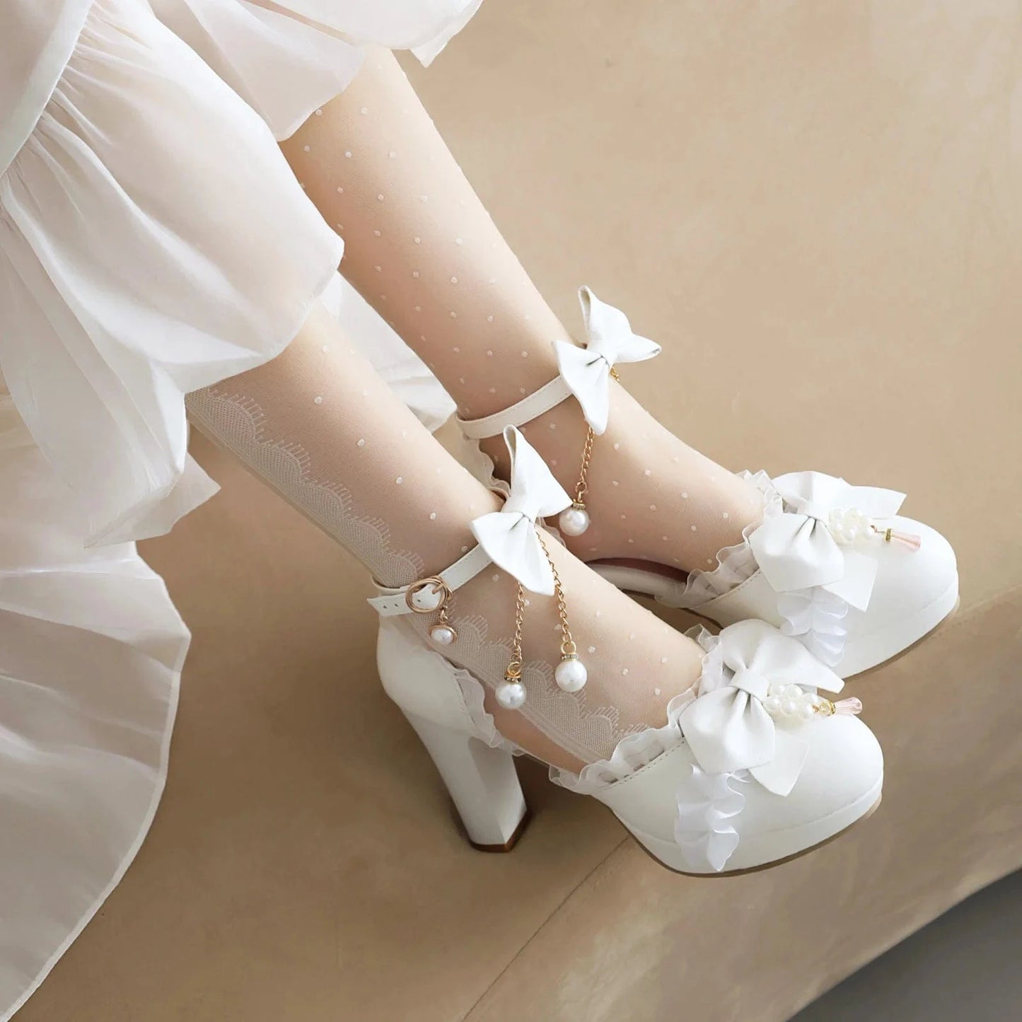 45 / White Women Shoes 2023 Fashion Bowknot Pearls Lace Decor PU Shoes Ankle Strap Hollow Out High Heel Sandals Ladies Lolita Dress Sandals