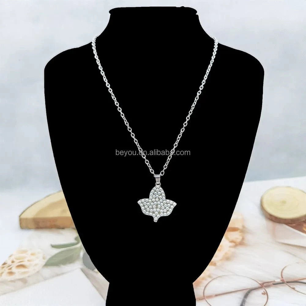 45cm+7cm / 1 / Silver Plated Handmade Greek Sorority White Pearl Rhinestone IVY Leaf Pendant Necklace Jewelry
