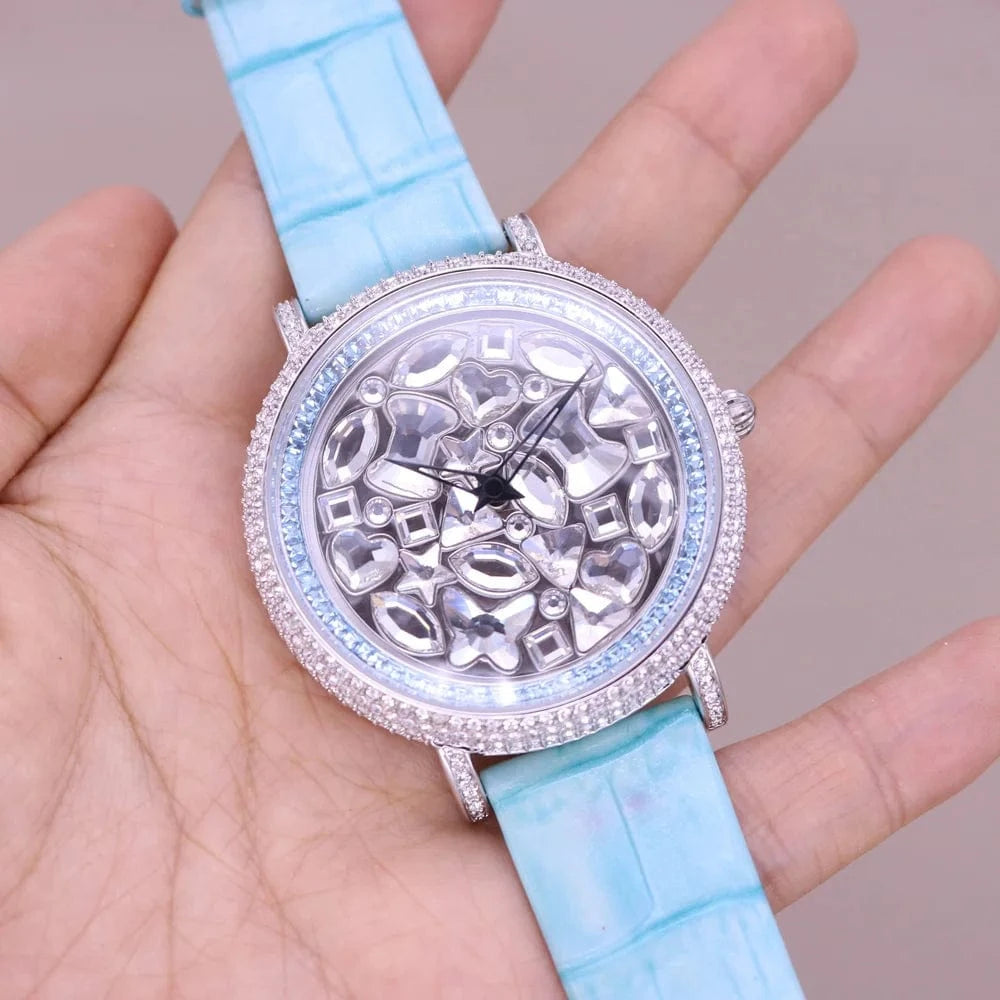 45mm Luxury Davena Spin Snow Flower Women's Watch Japan Mov't Crystal Lady Hours Fine Fashion Real Leather Bracelet Girl's Gift Box