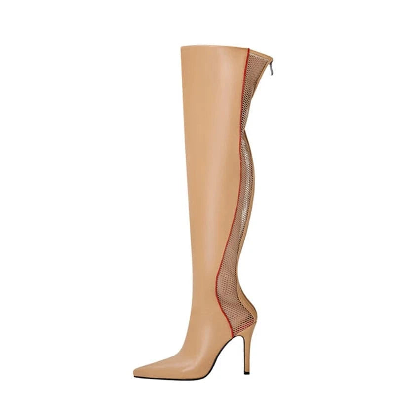 46 / apricot Big Size 46 Women fishnet Summer Over Knee Boots Ladies Leather Mesh Patchwork Pointed toe Long Thigh High Stiletto Booties
