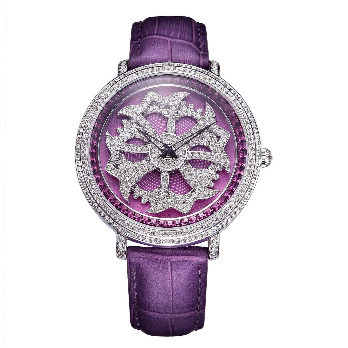 46mm Purple Luxury Davena Spin Snow Flower Women's Watch Japan Mov't Crystal Lady Hours Fine Fashion Real Leather Bracelet Girl's Gift Box