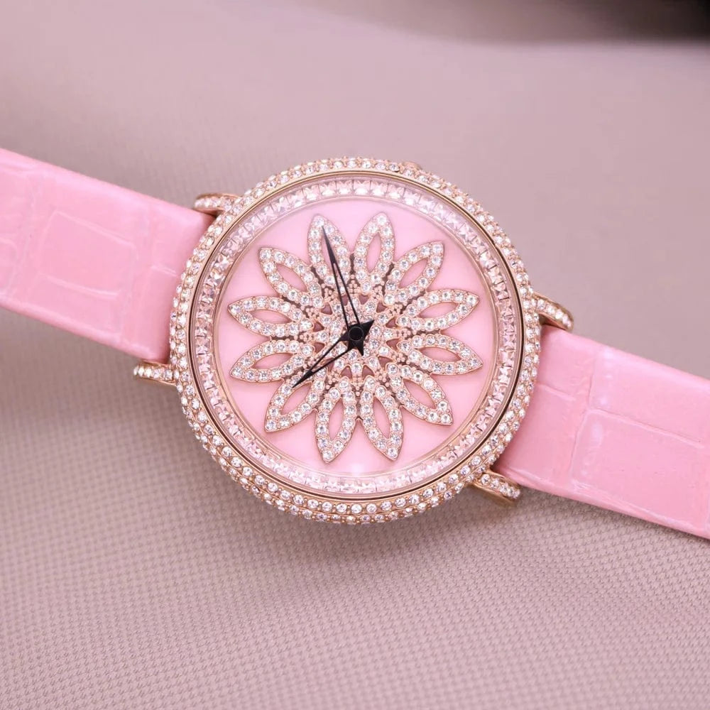 46mm Spin Luxury Davena Spin Snow Flower Women's Watch Japan Mov't Crystal Lady Hours Fine Fashion Real Leather Bracelet Girl's Gift Box