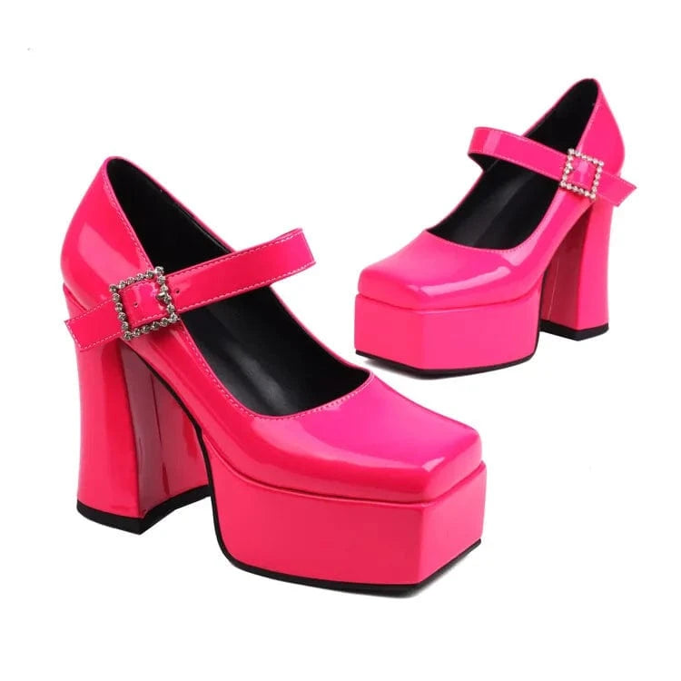 47 / Pink Size 45 Wide Fit Ladies Pumps High Platform Chunky High Heels Shoe Square Toe Women Buckle Strap Mary Jane Shoes