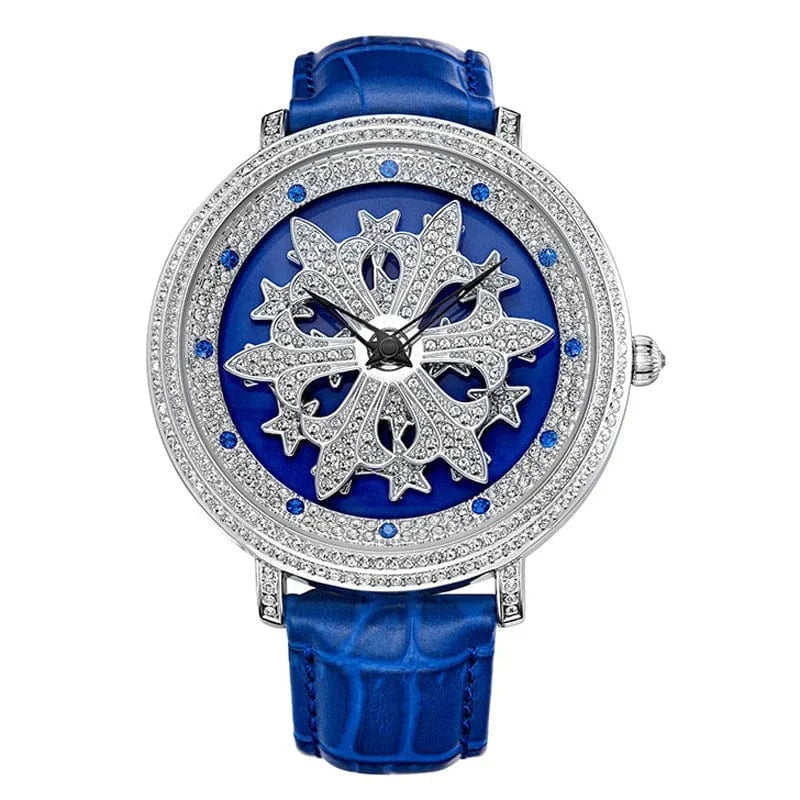 47mm Blue Luxury Davena Spin Snow Flower Women's Watch Japan Mov't Crystal Lady Hours Fine Fashion Real Leather Bracelet Girl's Gift Box