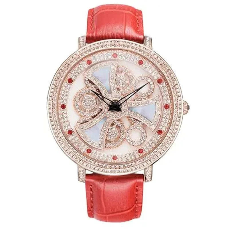47mm Red Luxury Davena Spin Snow Flower Women's Watch Japan Mov't Crystal Lady Hours Fine Fashion Real Leather Bracelet Girl's Gift Box