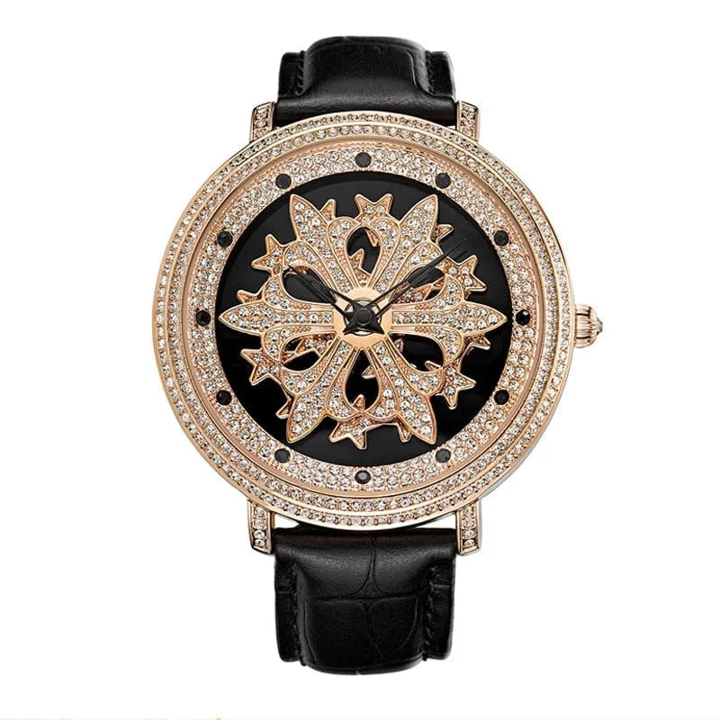 47mm RG Black Luxury Davena Spin Snow Flower Women's Watch Japan Mov't Crystal Lady Hours Fine Fashion Real Leather Bracelet Girl's Gift Box